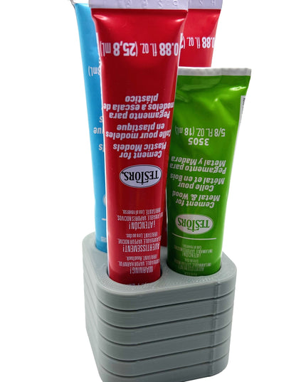 Jeff Did It! - Testors Glue / Putty Holder - Holds 4 Cement, Glue, Putty, etc - Anti-Slip Rubber Feet - 3D Printed - Made in the USA