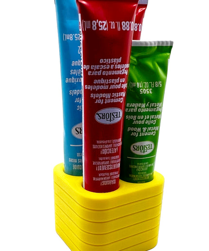 Jeff Did It! - Testors Glue / Putty Holder - Holds 4 Cement, Glue, Putty, etc - Anti-Slip Rubber Feet - 3D Printed - Made in the USA