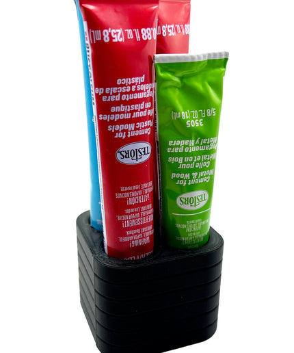 Jeff Did It! - Testors Glue / Putty Holder - Holds 4 Cement, Glue, Putty, etc - Anti-Slip Rubber Feet - 3D Printed - Made in the USA