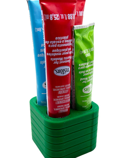 Jeff Did It! - Testors Glue / Putty Holder - Holds 4 Cement, Glue, Putty, etc - Anti-Slip Rubber Feet - 3D Printed - Made in the USA