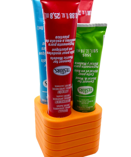 Jeff Did It! - Testors Glue / Putty Holder - Holds 4 Cement, Glue, Putty, etc - Anti-Slip Rubber Feet - 3D Printed - Made in the USA