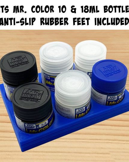 Mr Hobby 10ml & 18ml Paint Bottle Holder Long - Holds 6 Mr Color 10ml or 18ml Bottles with Anti-Slip Rubber Feet - 3D Printed