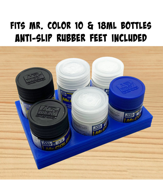Mr Hobby 10ml & 18ml Paint Bottle Holder Long - Holds 6 Mr Color 10ml or 18ml Bottles with Anti-Slip Rubber Feet - 3D Printed
