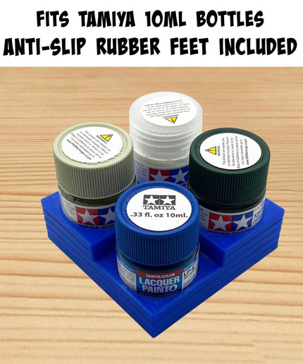 Tamiya 10ml Paint Bottle Holder Corner - Holds 4 Tamiya 10ml Bottles with Anti-Slip Rubber Feet - Square Style - 3D Printed