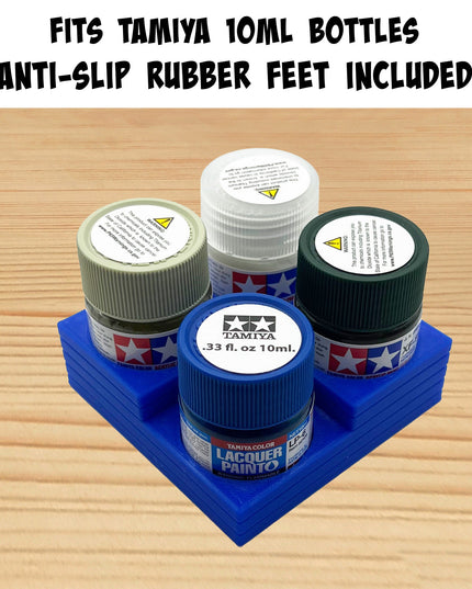Tamiya 10ml Paint Bottle Holder Corner - Holds 4 Tamiya 10ml Bottles with Anti-Slip Rubber Feet - Square Style - 3D Printed