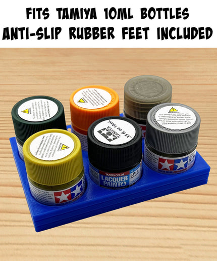Tamiya 10ml Paint Bottle Holder - Holds 6 Tamiya 10ml Bottles with Anti-Slip Rubber Feet - Long Style - 3d Printed