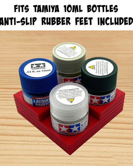 Tamiya 10ml Paint Bottle Holder Corner - Holds 4 Tamiya 10ml Bottles with Anti-Slip Rubber Feet - Square Style - 3D Printed