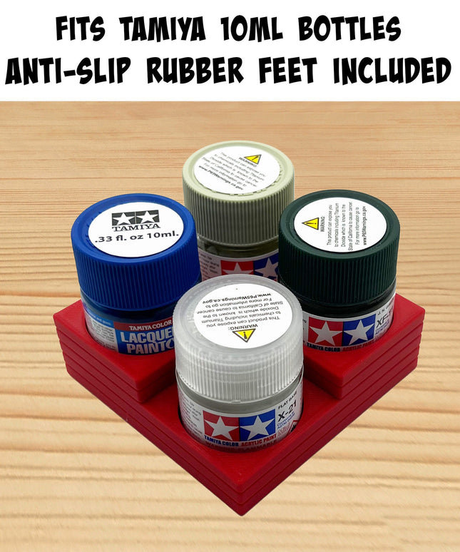 Tamiya 10ml Paint Bottle Holder Corner - Holds 4 Tamiya 10ml Bottles with Anti-Slip Rubber Feet - Square Style - 3D Printed
