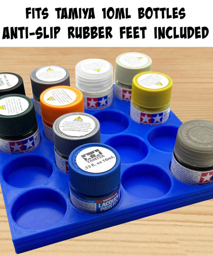 Tamiya 10ml Paint Bottle Holder - Holds 16 Tamiya 10ml Bottles with Anti-Slip Rubber Feet - Long Style - 3d Printed