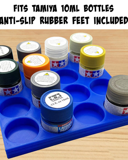 Tamiya 10ml Paint Bottle Holder - Holds 16 Tamiya 10ml Bottles with Anti-Slip Rubber Feet - Long Style - 3d Printed