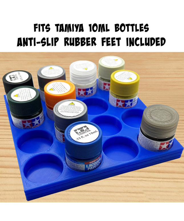 Tamiya 10ml Paint Bottle Holder - Holds 16 Tamiya 10ml Bottles with Anti-Slip Rubber Feet - Long Style - 3d Printed