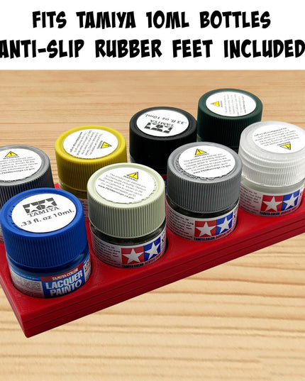 Tamiya 10ml Paint Bottle Holder - Holds 8 Tamiya 10ml Bottles with Anti-Slip Rubber Feet - Long Style - 3d Printed