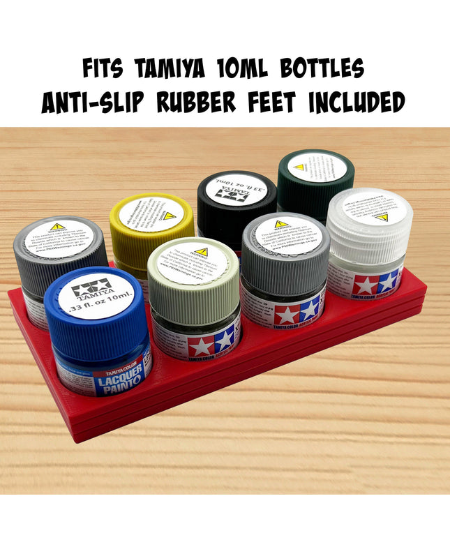 Tamiya 10ml Paint Bottle Holder - Holds 8 Tamiya 10ml Bottles with Anti-Slip Rubber Feet - Long Style - 3d Printed