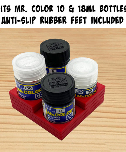 Mr Color 10ml & 18ml Paint Bottle Holder Corner - Holds 4 Tamiya 10ml Bottles with Anti-Slip Rubber Feet - Square Style - 3D Printed