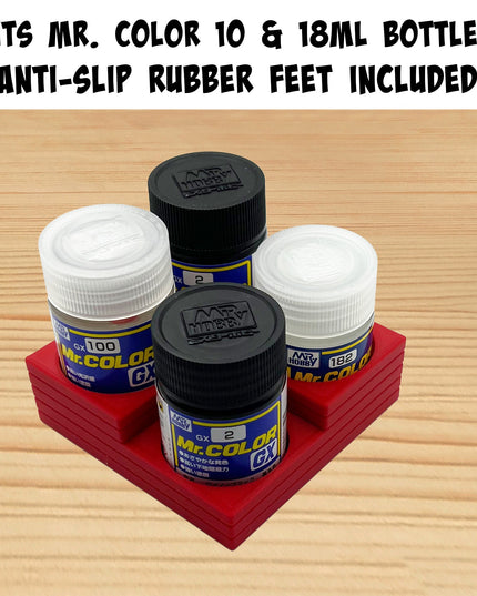 Mr Color 10ml & 18ml Paint Bottle Holder Corner - Holds 4 Tamiya 10ml Bottles with Anti-Slip Rubber Feet - Square Style - 3D Printed