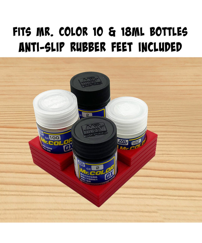 Mr Color 10ml & 18ml Paint Bottle Holder Corner - Holds 4 Tamiya 10ml Bottles with Anti-Slip Rubber Feet - Square Style - 3D Printed