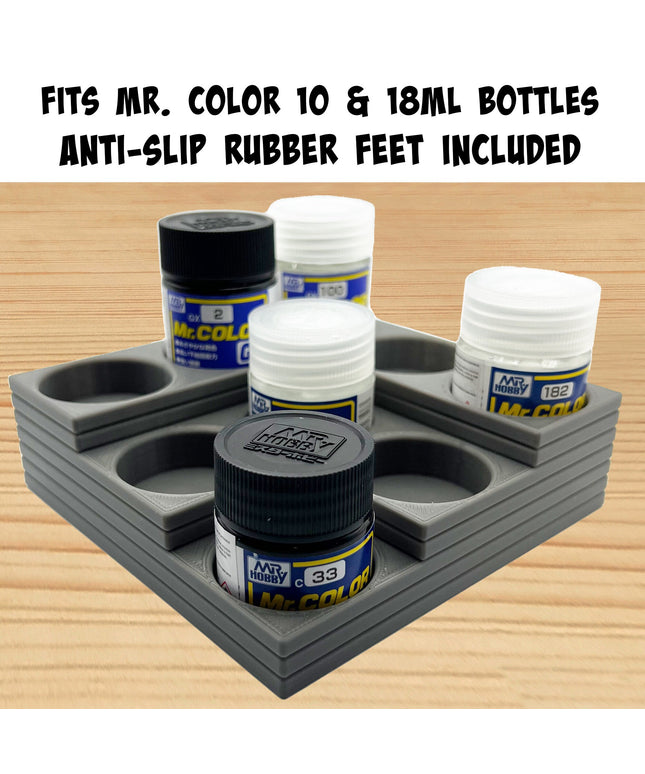 Mr Color 10ml / 18ml Paint Bottle Holder Corner - Holds 9 Mr Color 10ml / 18ml Bottles with Anti-Slip Rubber Feet - 3D Printed