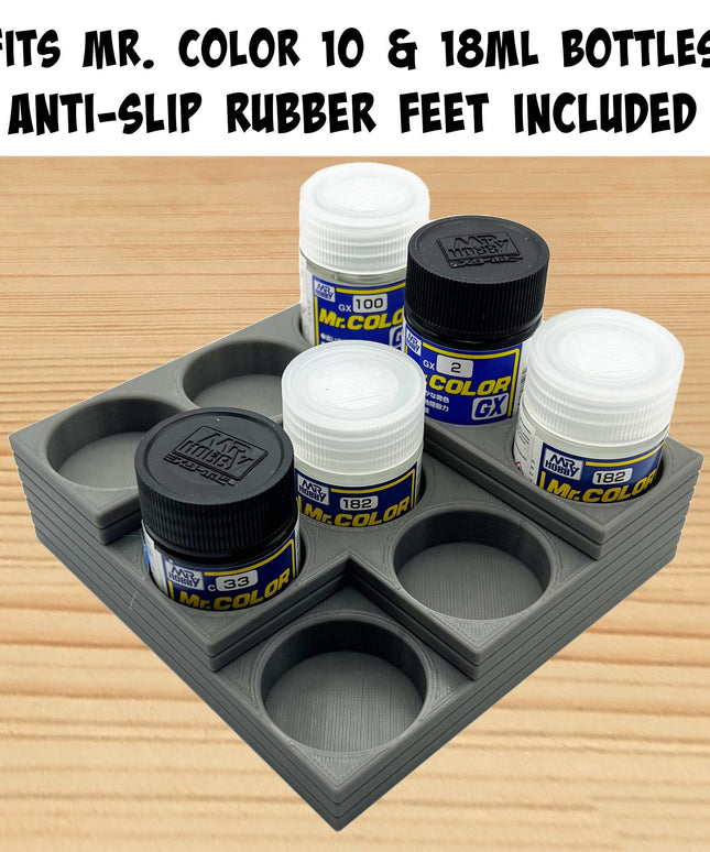 Mr Color 10ml / 18ml Paint Bottle Holder Corner - Holds 9 Mr Color 10ml / 18ml Bottles with Anti-Slip Rubber Feet - 3D Printed
