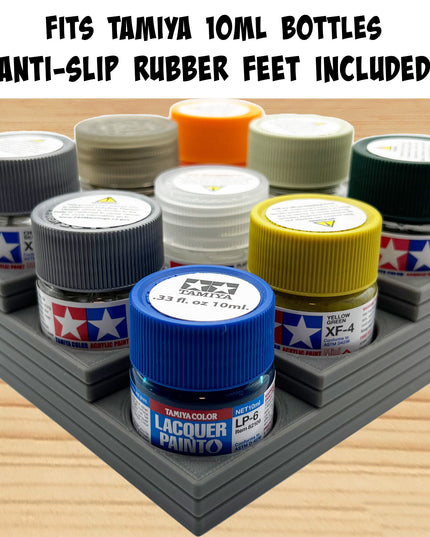 Tamiya 10ml Paint Bottle Holder Corner - Holds 9 Tamiya 10ml Bottles with Anti-Slip Rubber Feet - 3D Printed