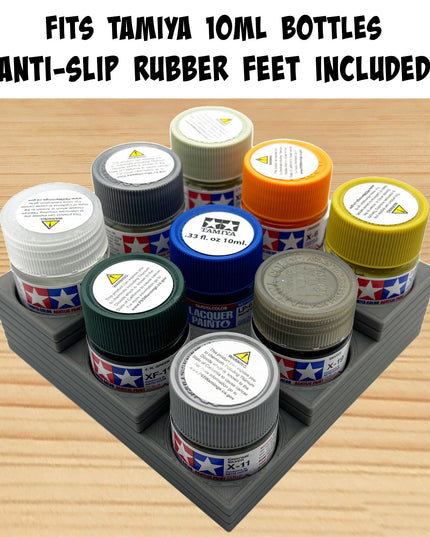 Tamiya 10ml Paint Bottle Holder Corner - Holds 9 Tamiya 10ml Bottles with Anti-Slip Rubber Feet - 3D Printed
