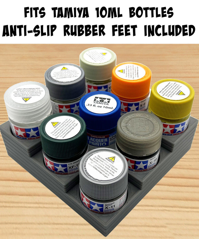 Tamiya 10ml Paint Bottle Holder Corner - Holds 9 Tamiya 10ml Bottles with Anti-Slip Rubber Feet - 3D Printed