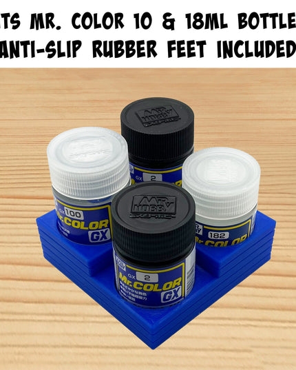 Mr Color 10ml & 18ml Paint Bottle Holder Corner - Holds 4 Tamiya 10ml Bottles with Anti-Slip Rubber Feet - Square Style - 3D Printed