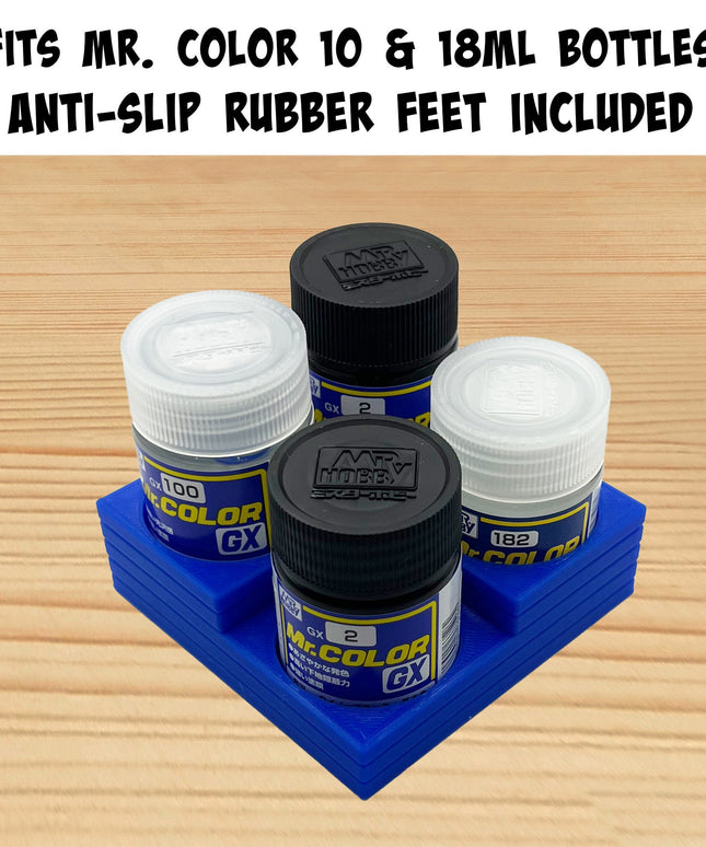 Mr Color 10ml & 18ml Paint Bottle Holder Corner - Holds 4 Tamiya 10ml Bottles with Anti-Slip Rubber Feet - Square Style - 3D Printed