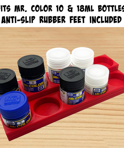 Mr Color 10ml / 18ml Paint Bottle Holder Stepped with Anti-Slip Rubber Feet - Holds 10 Mr Color 10ml / 18ml Paint Bottles - 3D Printed