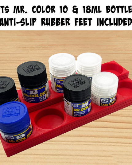 Mr Color 10ml / 18ml Paint Bottle Holder Stepped with Anti-Slip Rubber Feet - Holds 10 Mr Color 10ml / 18ml Paint Bottles - 3D Printed