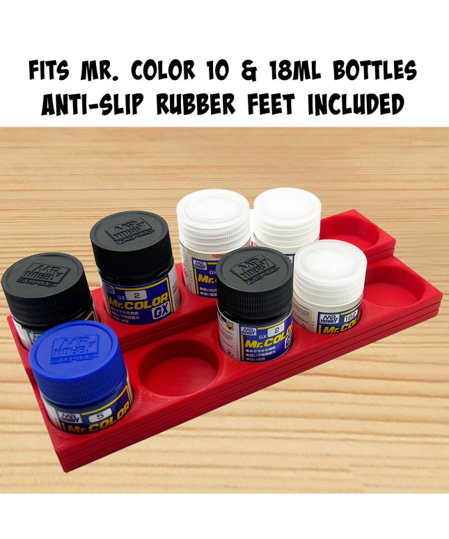 Mr Color 10ml / 18ml Paint Bottle Holder Stepped with Anti-Slip Rubber Feet - Holds 10 Mr Color 10ml / 18ml Paint Bottles - 3D Printed