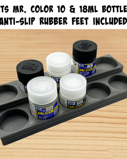 Mr Color 10ml / 18ml Paint Bottle Holder Stepped with Anti-Slip Rubber Feet - Holds 10 Mr Color 10ml / 18ml Paint Bottles - 3D Printed