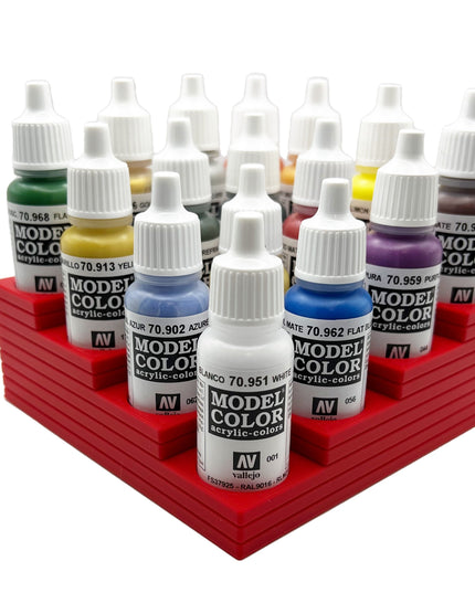 Vallejo 17mm Paint Bottle Holder / Stand Corner Stepped - Holds 16 Vallejo 17mm Bottles with Anti-Slip Rubber Feet - 3D Printed