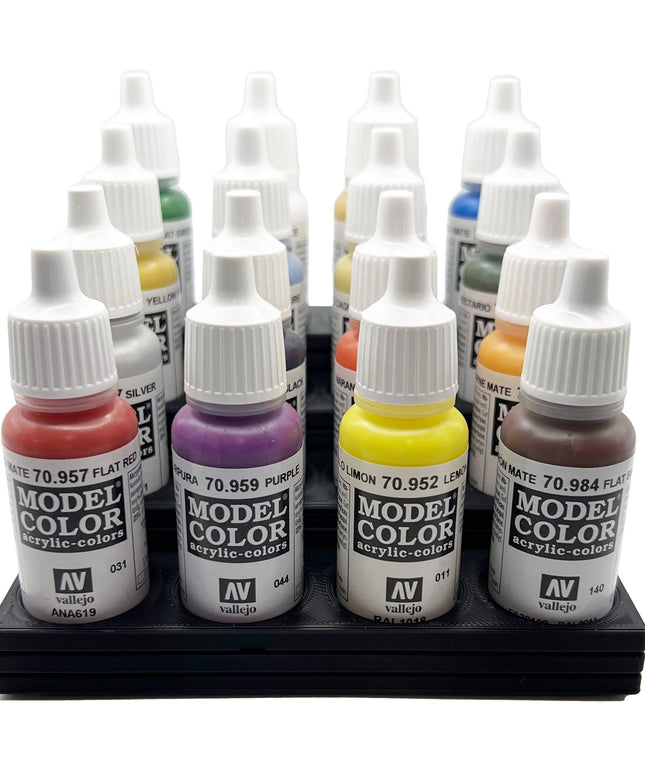 Vallejo 17mm Paint Bottle Holder / Stand Stepped - Holds 16 Vallejo 17mm Bottles with Anti-Slip Rubber Feet - 3D Printed