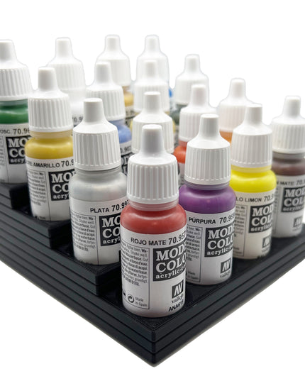 Vallejo 17mm Paint Bottle Holder / Stand Stepped - Holds 16 Vallejo 17mm Bottles with Anti-Slip Rubber Feet - 3D Printed