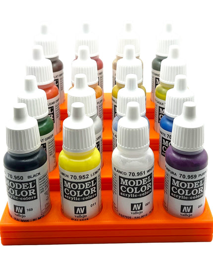 Vallejo 17mm Paint Bottle Holder / Stand Stepped - Holds 16 Vallejo 17mm Bottles with Anti-Slip Rubber Feet - 3D Printed