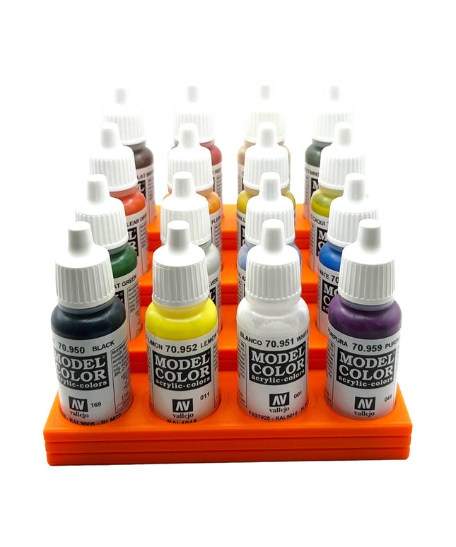 Vallejo 17mm Paint Bottle Holder / Stand Stepped - Holds 16 Vallejo 17mm Bottles with Anti-Slip Rubber Feet - 3D Printed