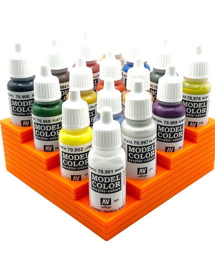 Vallejo 17mm Paint Bottle Holder / Stand Corner Stepped - Holds 16 Vallejo 17mm Bottles with Anti-Slip Rubber Feet - 3D Printed