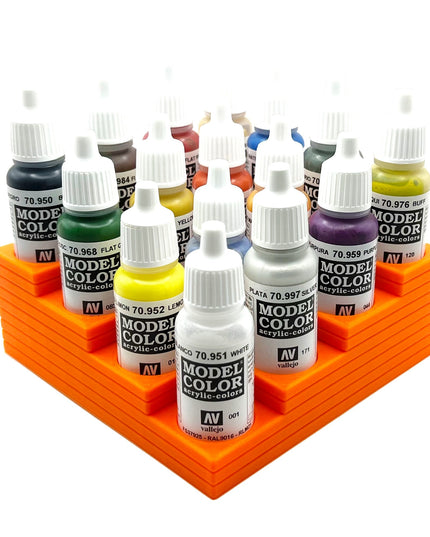 Vallejo 17mm Paint Bottle Holder / Stand Corner Stepped - Holds 16 Vallejo 17mm Bottles with Anti-Slip Rubber Feet - 3D Printed