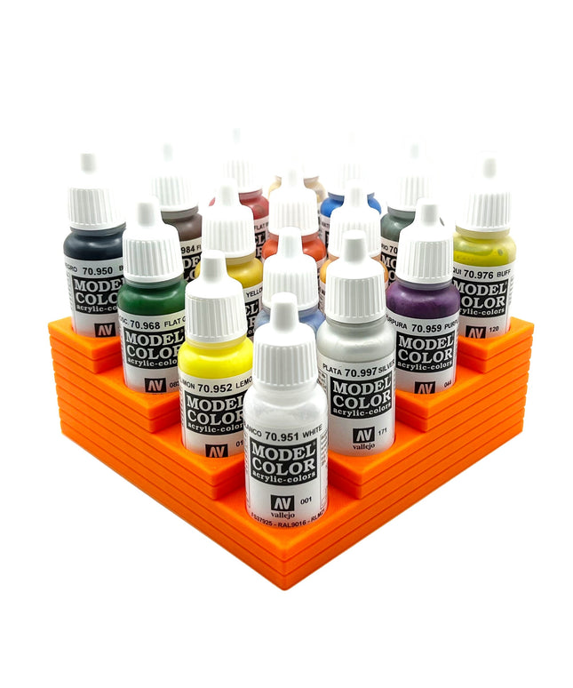 Vallejo 17mm Paint Bottle Holder / Stand Corner Stepped - Holds 16 Vallejo 17mm Bottles with Anti-Slip Rubber Feet - 3D Printed
