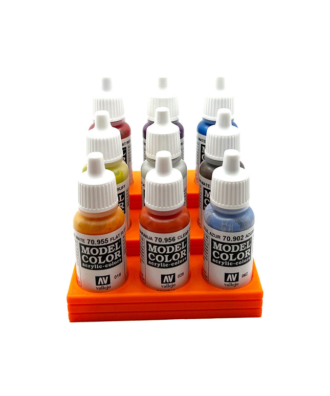 Vallejo 17mm Paint Bottle Holder / Stand Stepped - Holds 9 Vallejo 17mm Bottles with Anti-Slip Rubber Feet - 3D Printed