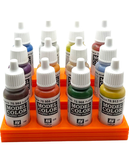 Vallejo 17mm Paint Bottle Holder / Stand Stepped - Holds 12 Vallejo 17mm Bottles with Anti-Slip Rubber Feet - 3D Printed