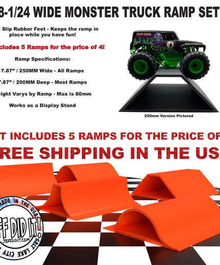 1/24th Monster Truck Ramp Set 1 Includes 5 Stunt/Jump Ramps - WIDE - Works as Display Stand - Includes Anti Slip Rubber Feet - Great Gift!