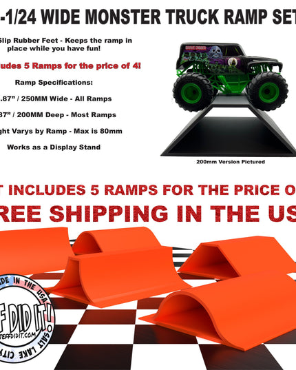 1/24th Monster Truck Ramp Set 1 Includes 5 Stunt/Jump Ramps - WIDE - Works as Display Stand - Includes Anti Slip Rubber Feet - Great Gift!