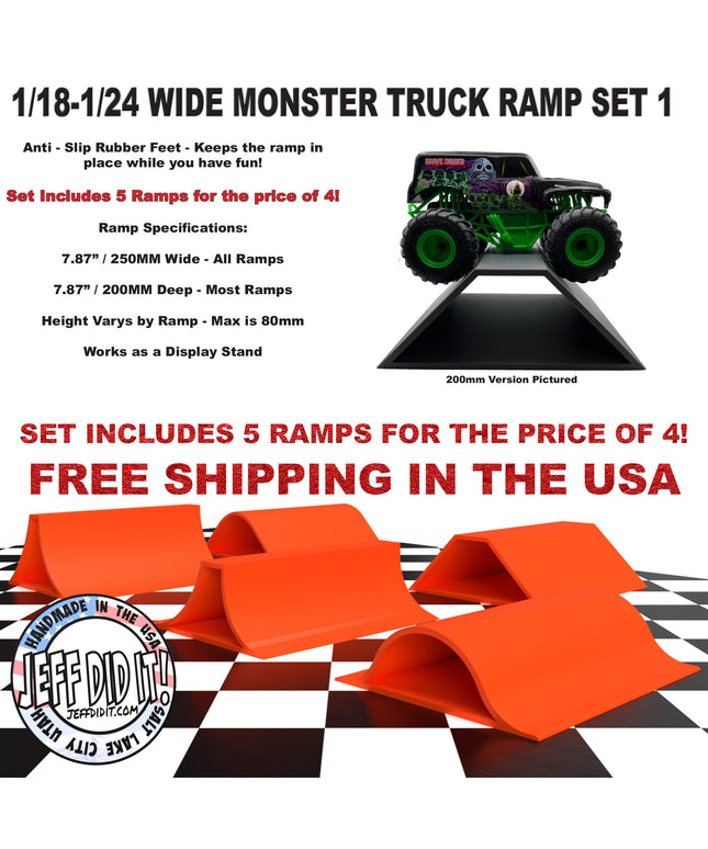 1/24th Monster Truck Ramp Set 1 Includes 5 Stunt/Jump Ramps - WIDE - Works as Display Stand - Includes Anti Slip Rubber Feet - Great Gift!