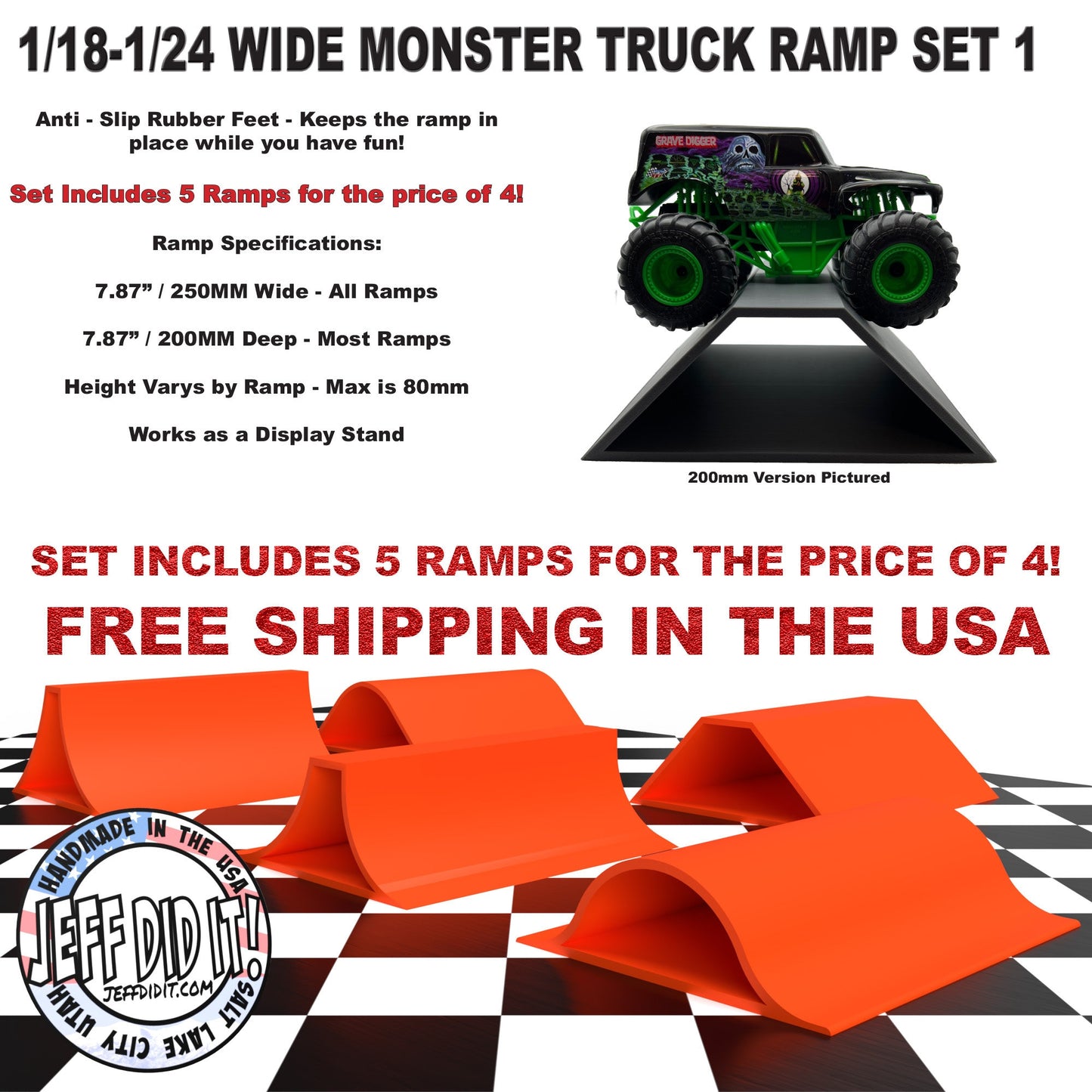 1/24th Monster Truck Ramp Set 1 Includes 5 Stunt/Jump Ramps - WIDE - Works as Display Stand - Includes Anti Slip Rubber Feet - Great Gift!