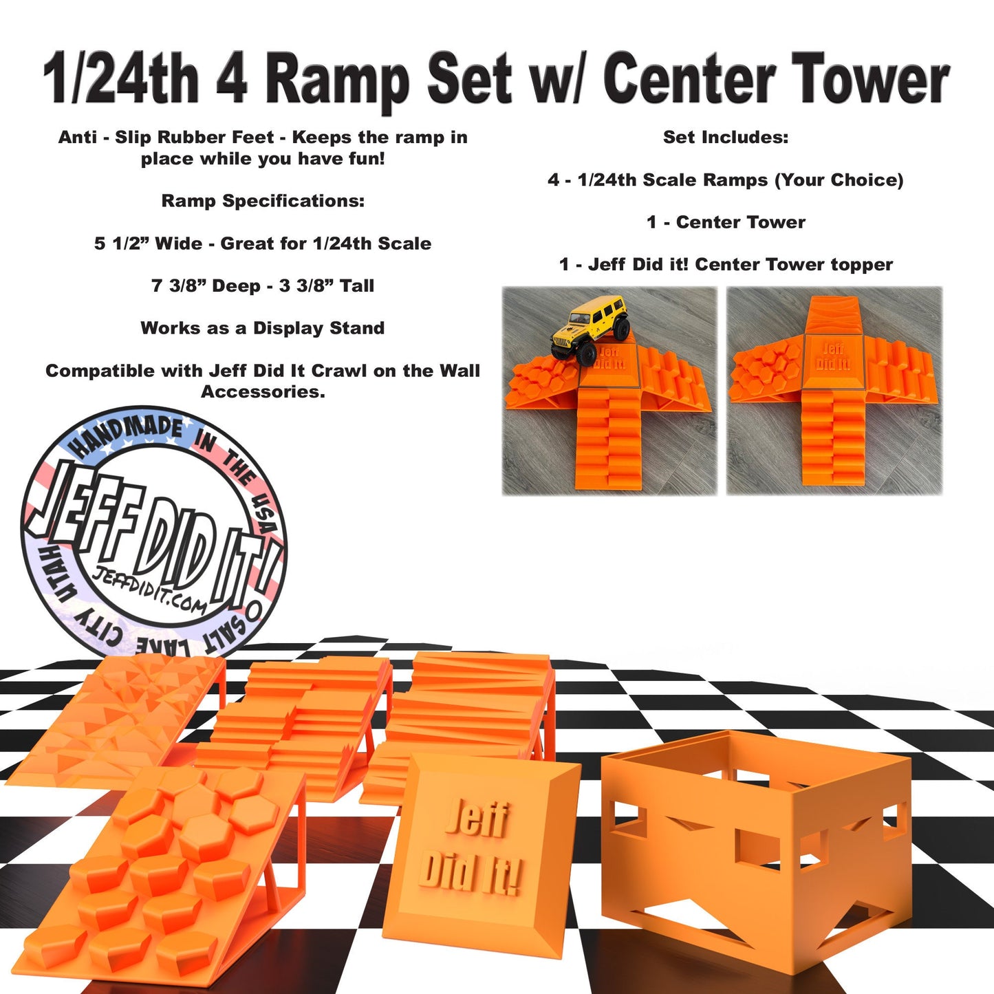 1/24th 4 Ramp Set with Center Tower - Monster Truck - Crawler Scale - Display - Includes Anti Slip Rubber Feet - Expandable