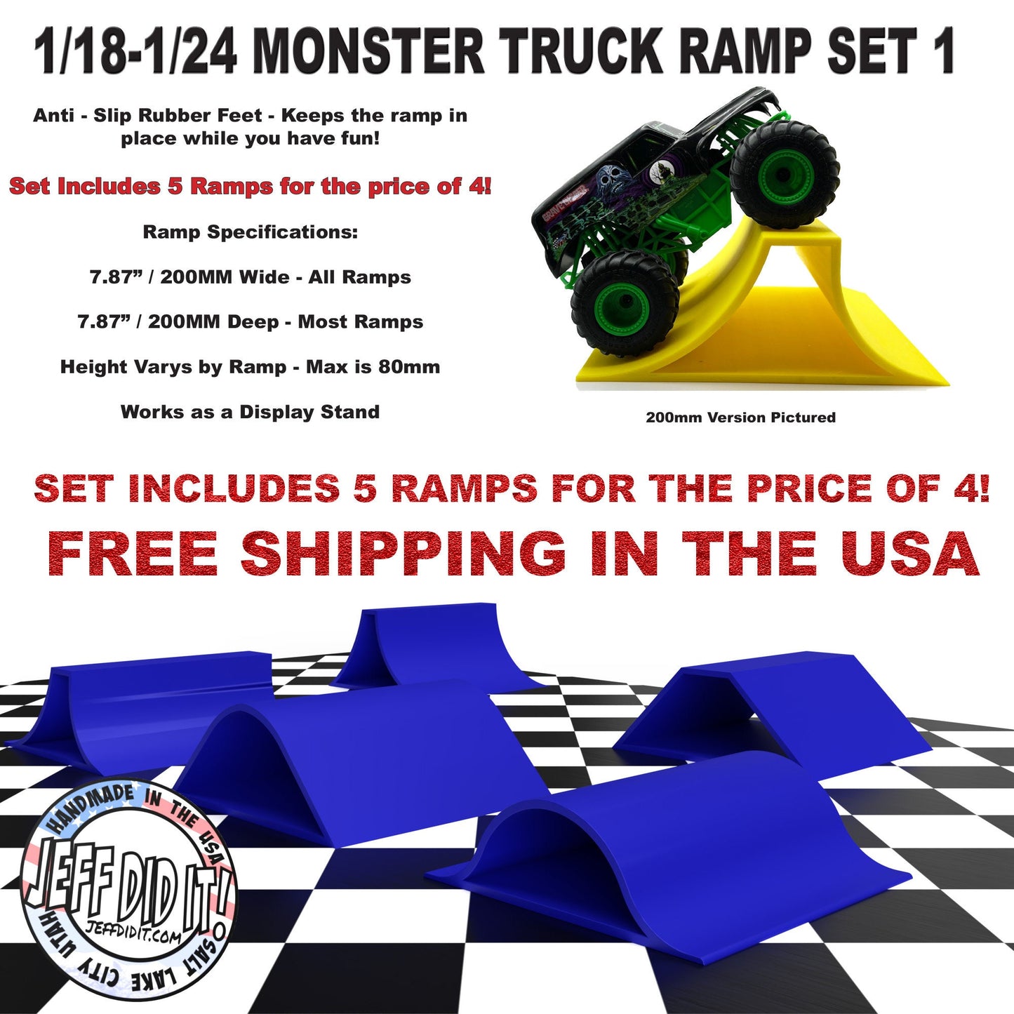 1/24th Monster Truck Ramp Set 1 Includes 5 Stunt/Jump Ramps - 200MM - Works as Display Stand - Includes Anti Slip Rubber Feet - Great Gift!