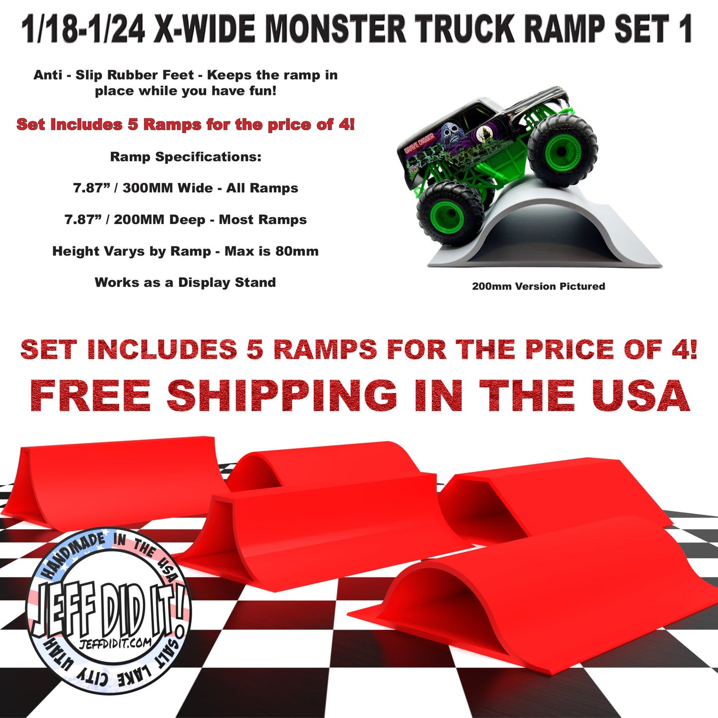 1/24th Monster Truck Ramp Set 1 Includes 5 Stunt/Jump Ramps - X-WIDE - Works as Display Stand - Includes Anti Slip Rubber Feet - Great Gift!