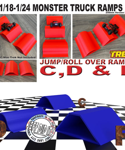 1/24th Monster Truck Ramp Set Includes 3 Jump/Roll Over Ramps - 200mm Works as Display Stand - Includes Anti Slip Rubber Feet - Great Gift!