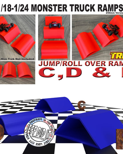 1/24th Monster Truck Ramp Set Includes 3 Jump/Roll Over Ramps - 200mm Works as Display Stand - Includes Anti Slip Rubber Feet - Great Gift!